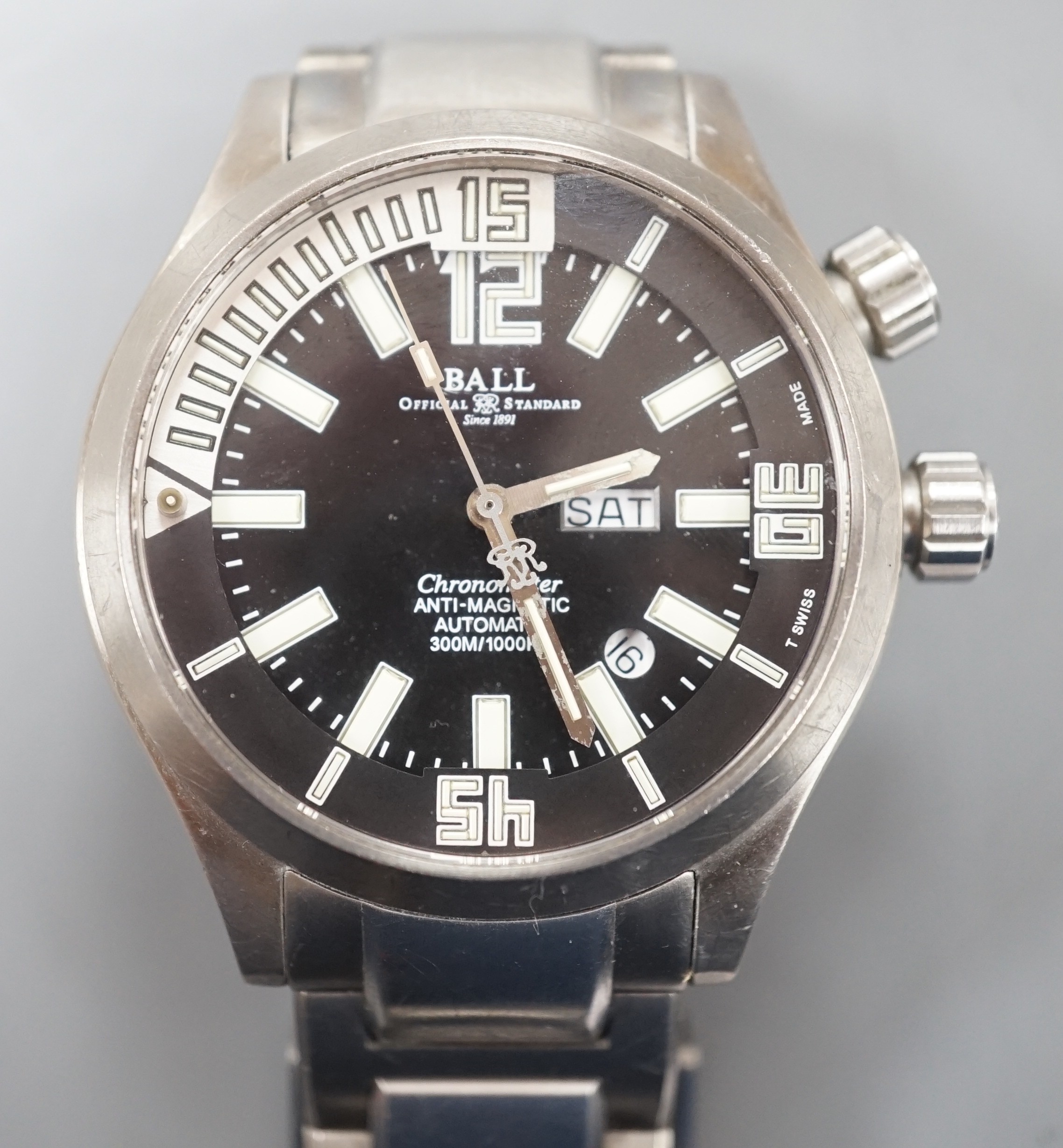 A gentleman's modern stainless steel Swiss Ball Watch Co Chronometer automatic wrist watch, with baton numerals and day/date apertures, ETA movement c.2836-2, case diameter 42mm, no box or papers.